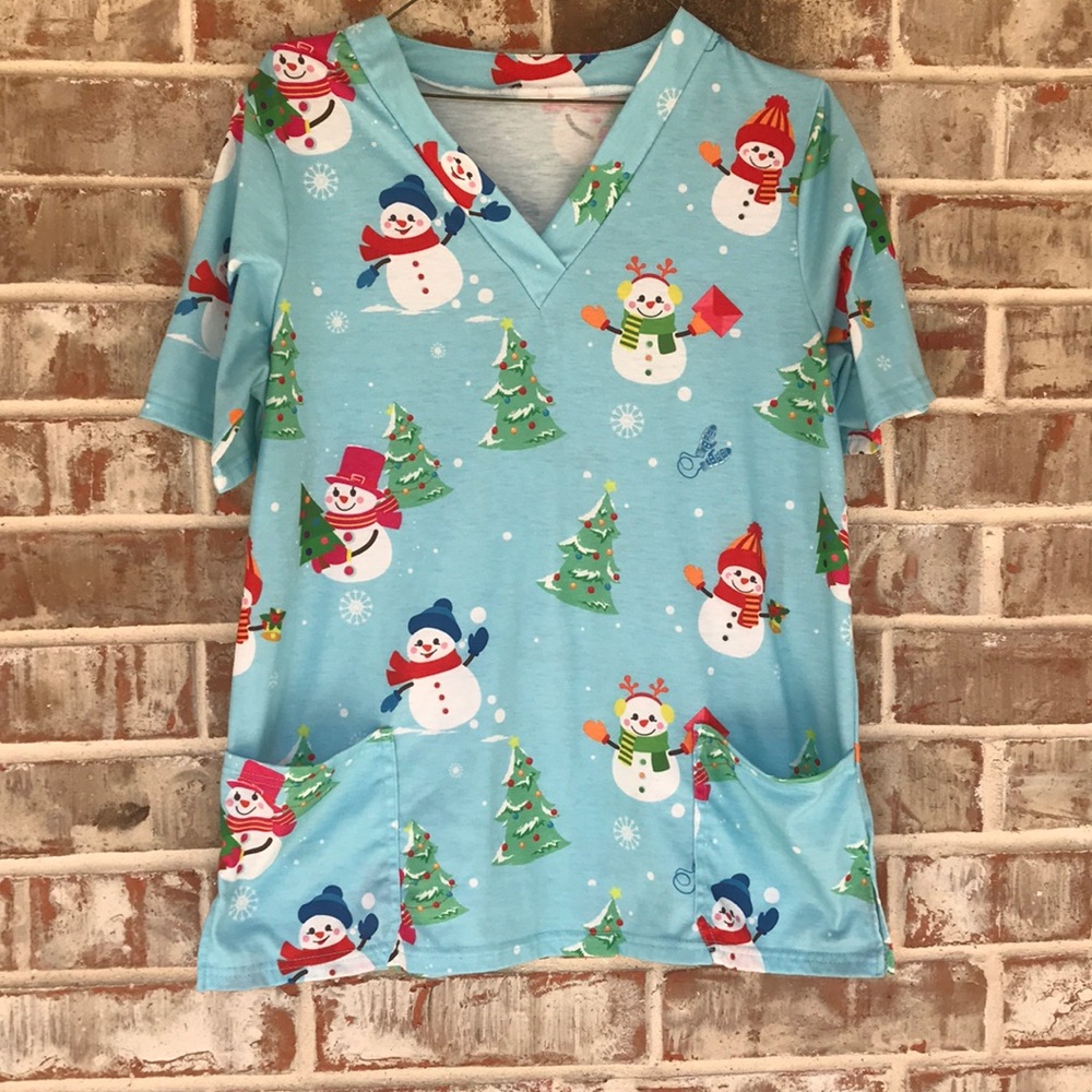 Snowman Christmas Tree Knit Nursing Scrub Top